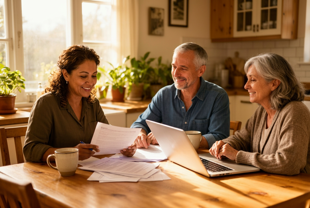 An advisor and a couple reviewing paperwork together at a sunlit kitchen table